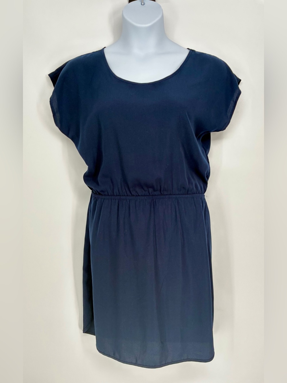 AQUA Navy Blue Silk Look Chiffon Cap Sleeve Elastic Waist Dress L